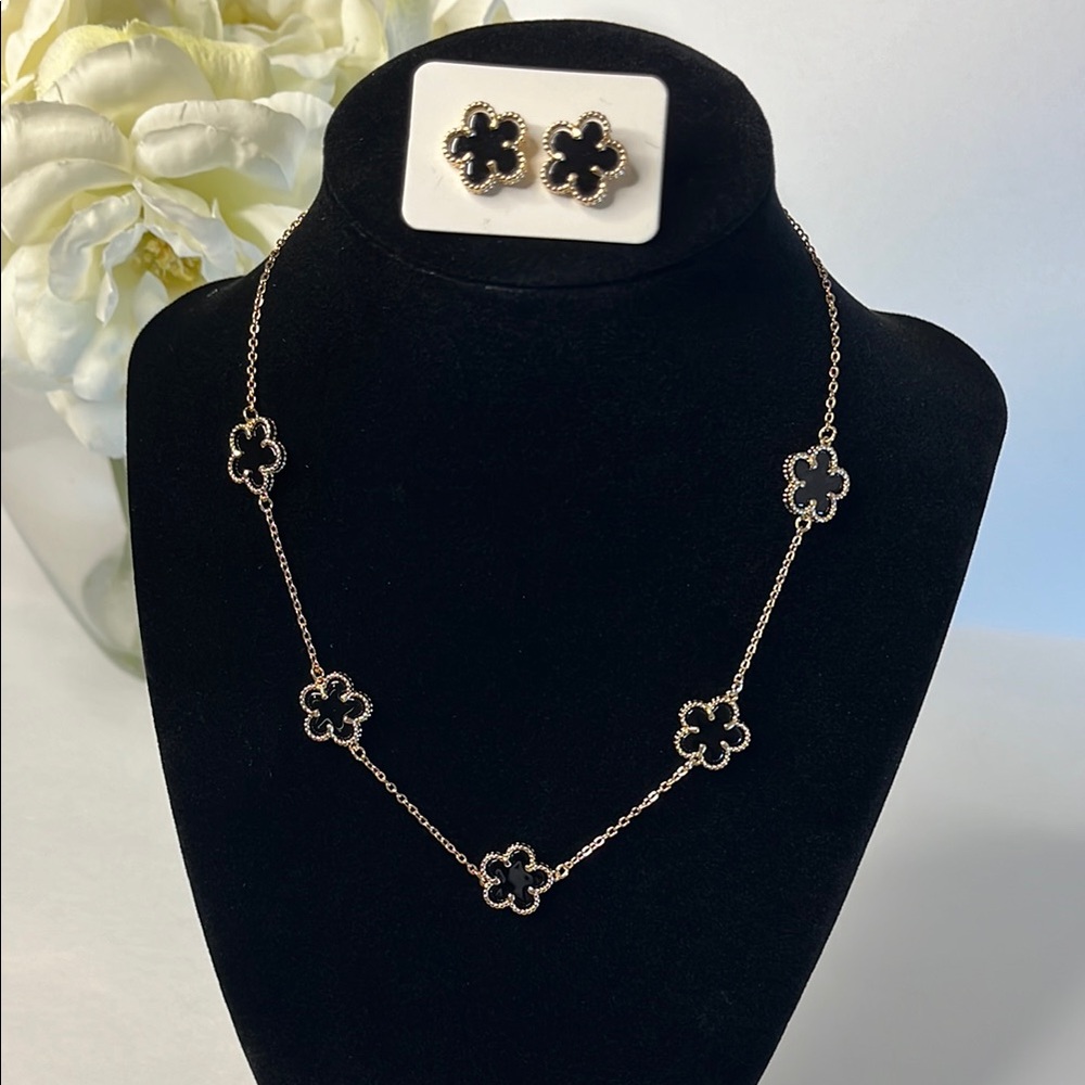 Gold and Black Clover Necklace and Earring Set